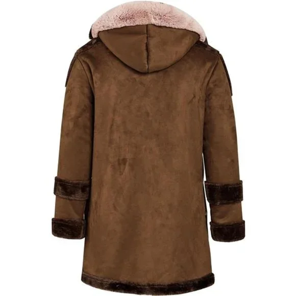 Men's Shearling Leather Coat Faux Suede Sherpa Lined Sheepskin Jacket with Hood - Picture 2 of 5